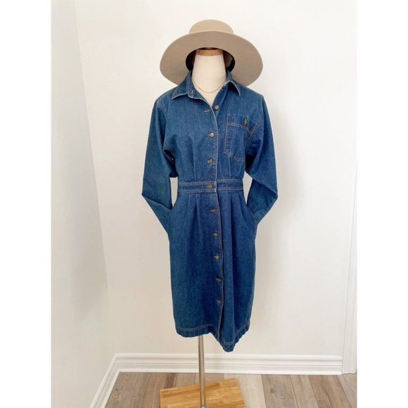 Vintage Jerell Denim Button Front MIDI Dress 70s Style Jumpsuit - Picture 3 of 10